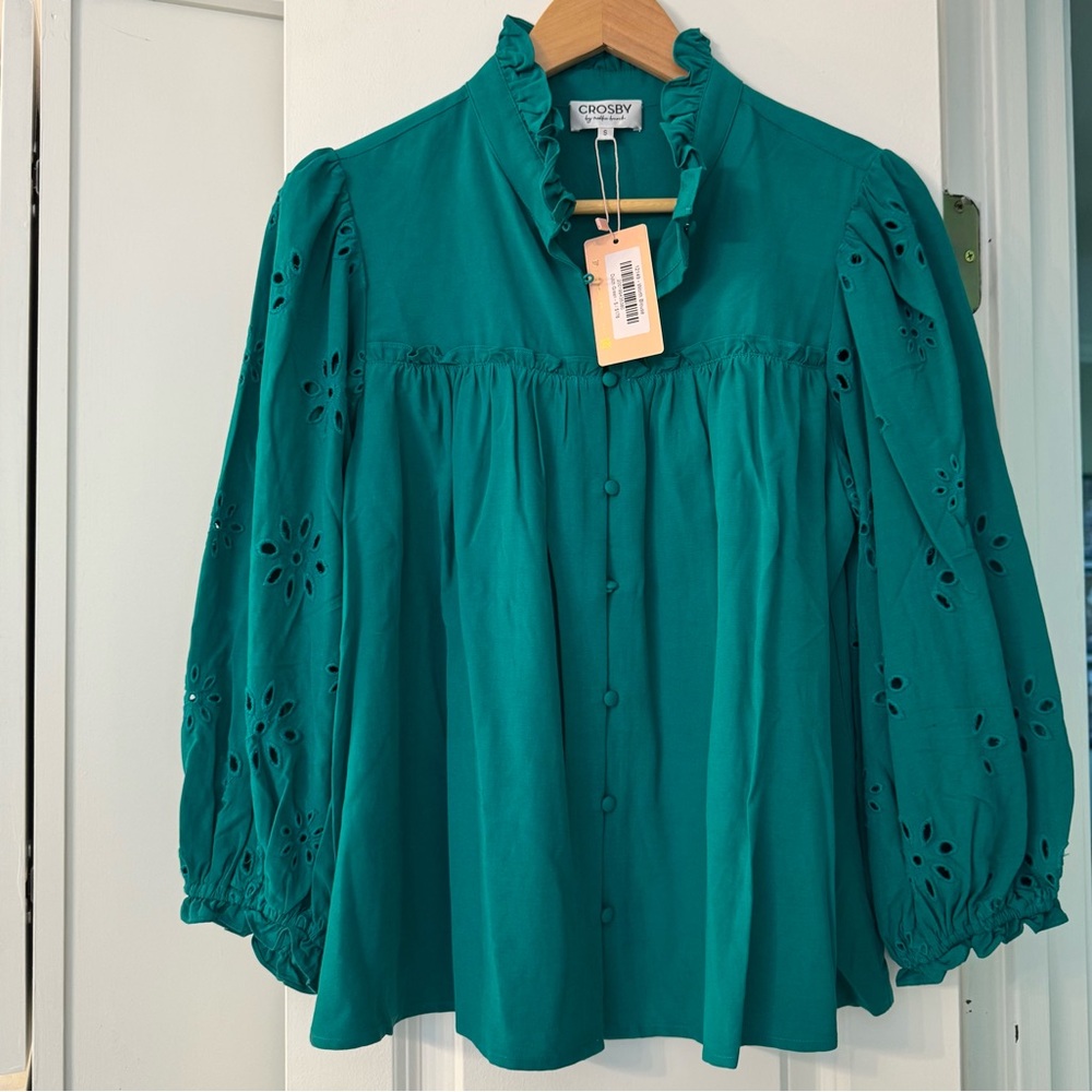 CROSBY by Mollie Burch Teal Blouse with Eyelet Sleeves